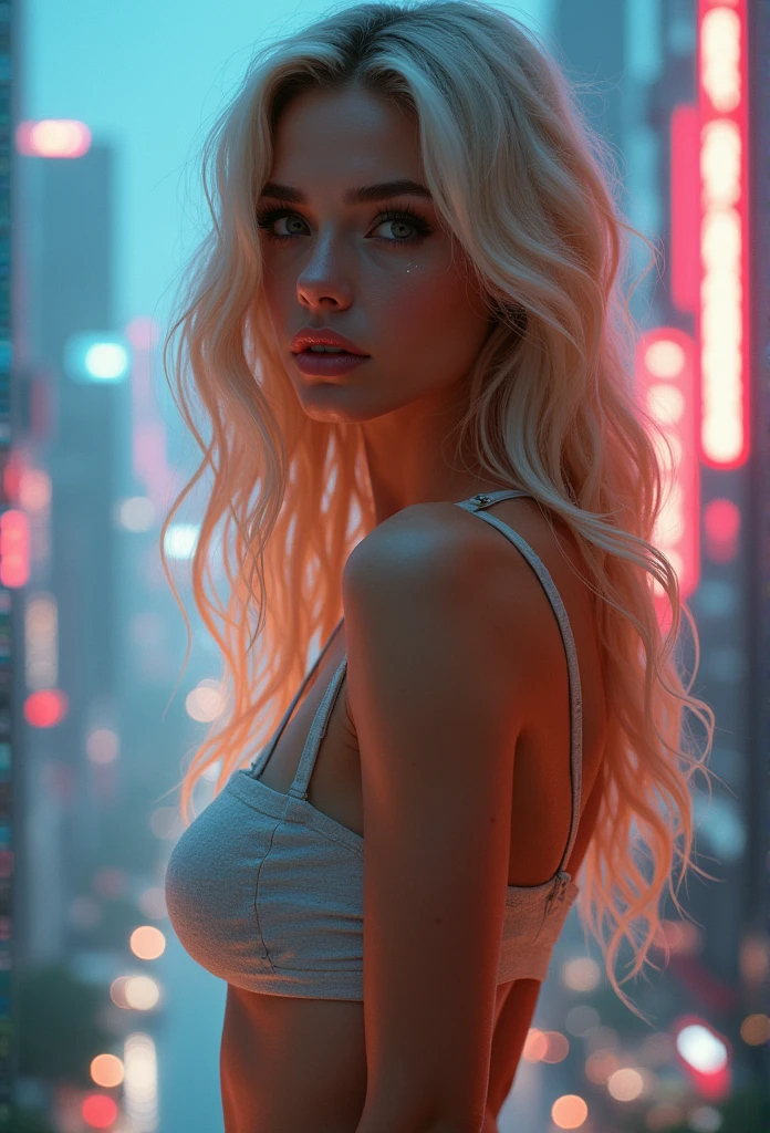 gorgeous woman with extra long wavy blonde hair, detailed alluring eyes, long sexy legs, wearing tiny shorts, t-shirt, ((detailed facial features)), (finely detailed skin), pale skin, realistic skin texture, extreme skin details, (pores:0.1), in the background beautiful futuristic cyberpunk city, best quality masterpiece, photorealistic, hyperrealistic, detailed, 8k, HDR, (Soft color: 1.2), shallow depth of field, broad light, high contrast, backlighting, bloom, light sparkles, chromatic aberration, sharp focus, RAW color photo