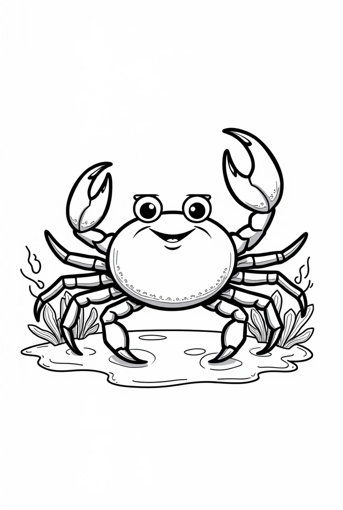 Black and White Outline Art for Kids, Crab Under the Sea Coloring Book Page, Coloring Page for Kids, Full White, Kids Style, Full Body White Background, (((((white background))))) , use outline only, cartoon style, line art, coloring book, clean line art, white background. sea crab under the sea, large right claw, seabed with torches and anemones, white background, clean line, for coloring, children's ebook