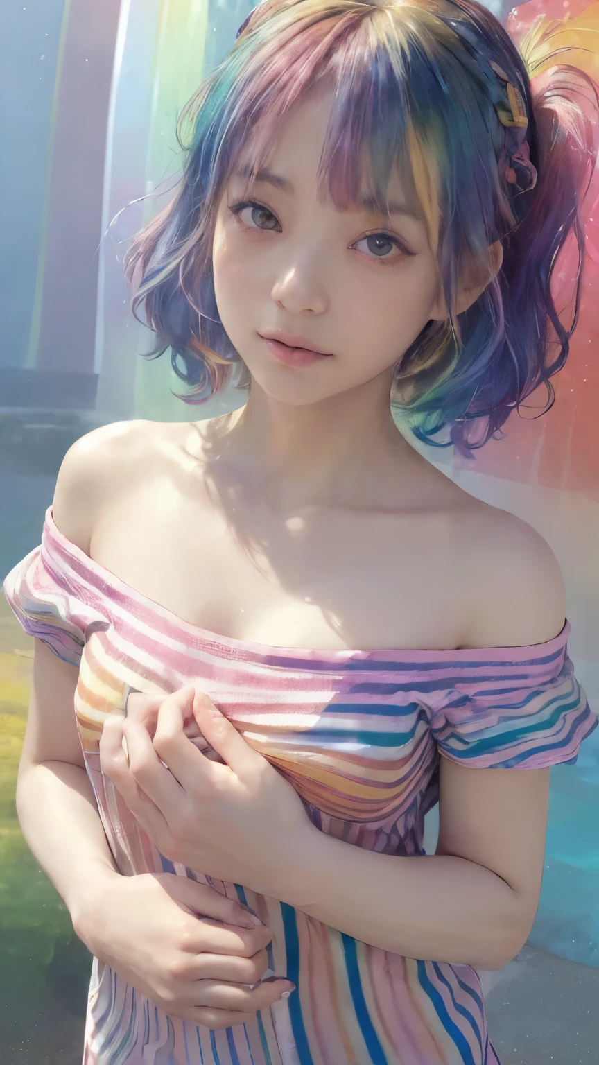 (pink fashion t-shirt:1.9)、(fancyな髪:1.8)、(all the colors of the rainbow:1.8)、((((portrait:1.6)))、(picturesque:1.6)、face、big eyes、clear eyes、(虹色のgradationハイポニーテール:1.7)、exquisite makeup、Shut up、(small fresh:1.5)、(Please wipe my chest:1.6)、Long term、A man with tears in his eyes wearing a white off-shoulder t-shirt、(rainbow hair:1.6)、explosion of color, messy lines, ((shining)), (fancy), Chic Paint style, (color pops), portrait, Browsing Caution、 Paint가 튀다, acrylic pigment, gradation, depth of written boundaries, facePaint, fancyな服, (elegant: 1.2), wonderful,Hair length, wind, (elegant: 1.3), (petal:1.4)、(((masterpiece)))、(((best quality)))、((very detailed))、(dynamic angle)、((plankton))、(Paint)、((disheveled hair))、(alone)、((A face with beautiful details))、shoulder pain、gray hair、((fancyな髪))、(((striped hair))、Beautiful, delicate details、(gradationカラーの目)、((My toes are tingling))、(fancyな背景))))、((((highly saturated))))、(((fancyな水しぶきに囲まれた)))