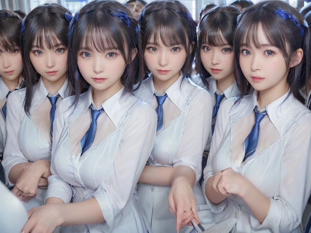 ((Highest quality, Ultra-high resolution, Realistic, RAW Photos, 8k, Real photograph:1.6)), ((日本人high school girl, 16yo)) , Beautiful detailed, Beautiful Face, skeletally correct, cute, (((smile))), Japanese beautiful skin, Black Hair, Semi-long hair, (((Summer Girls' School Uniform))), White shirt, Blue check mini skirt, (((Perfect hands, Perfect Fingers, Perfect Arms, Perfect Legs: 1.5))), (((Big Breasts, Full cleavage:1.5))), Captivating performance, Super Real, Soft Light, (((high school girl, Very detailed, 6+girls: 1.99))), (((high school girl, Very detailed, 6+girls: 1.99))), ((100人のhigh school girl: 1.5)), (((high school girl, Very detailed, perfect identical faces, perfect identical body shapes: 1.99))), Full body photo, Wide-angle field of view, (((high and wide view))), park