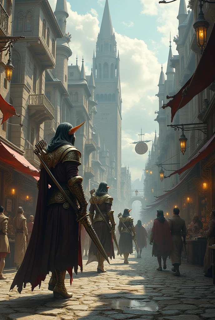 armored elves in a medieval city
