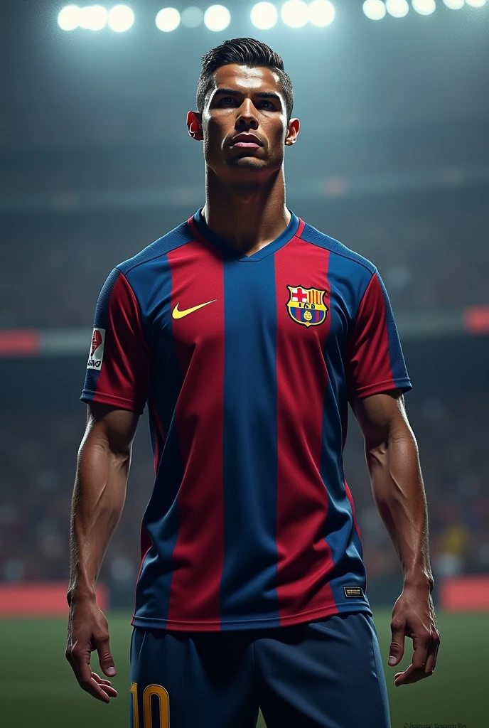 CR7 wearing a Barca jersey
