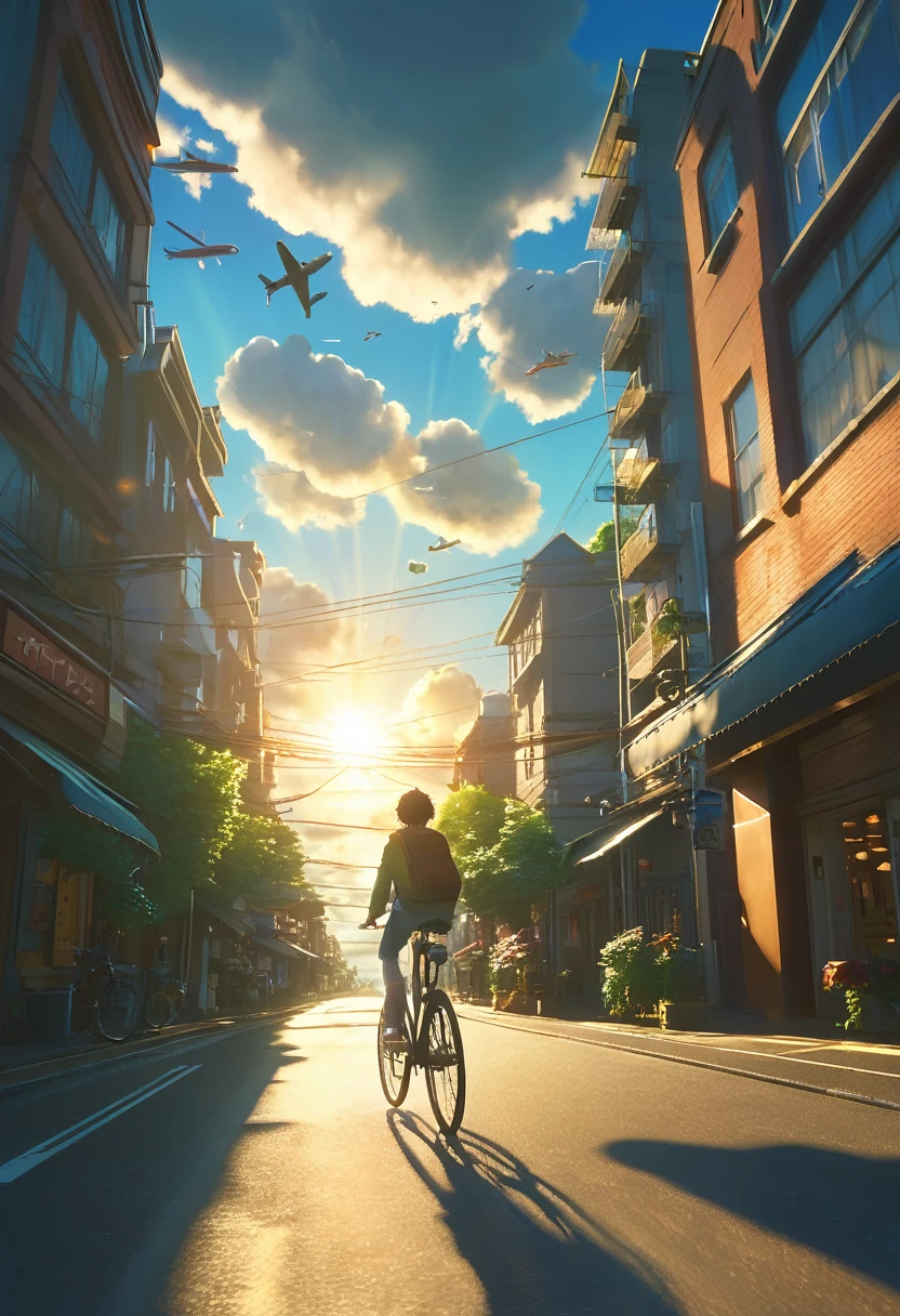 (3d:0.5,Realistic:0.5,photoRealistic:0.5),(Absurd,Super Resolution,masterpiece,Highest quality,In detail,Absurd:1.2), Dramatic Light, Dramatic lighting, Cinematic, Anime Scenery, Makoto Shinkai, Ghibli, Fantasy World, magic, Beautiful sky, cloud, building, bicycle, Airplane trajectory, bird, Dramatic Lighting, Cinematic lighting, sunset, warm sunset, Warm sun, street, Written boundary depth, Lens flare,