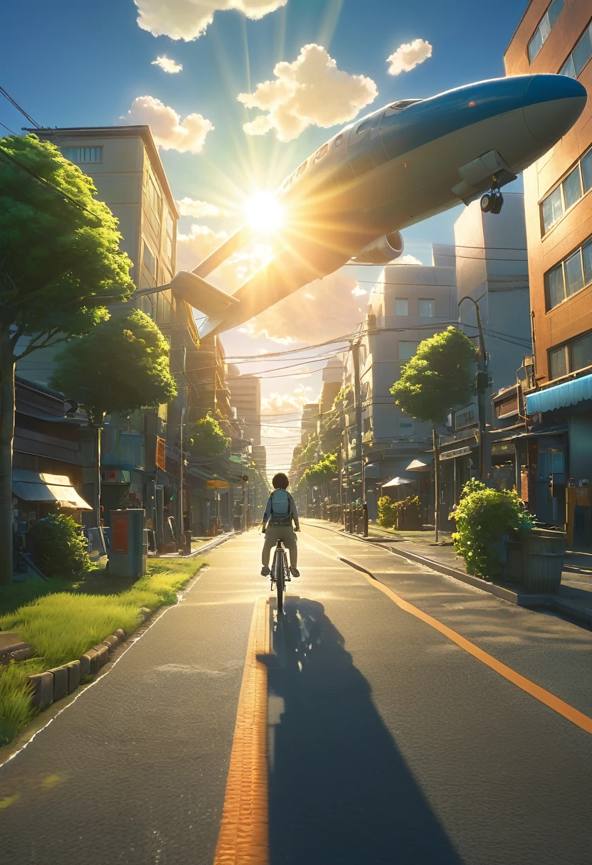 (3d:0.5,Realistic:0.5,photoRealistic:0.5),(Absurd,Super Resolution,masterpiece,Highest quality,In detail,Absurd:1.2), Dramatic Light, Dramatic lighting, Cinematic, Anime Scenery, Makoto Shinkai, Ghibli, Fantasy World, magic, Beautiful sky, cloud, building, bicycle, Airplane trajectory, bird, Dramatic Lighting, Cinematic lighting, sunset, warm sunset, Warm sun, street, Written boundary depth, Lens flare,