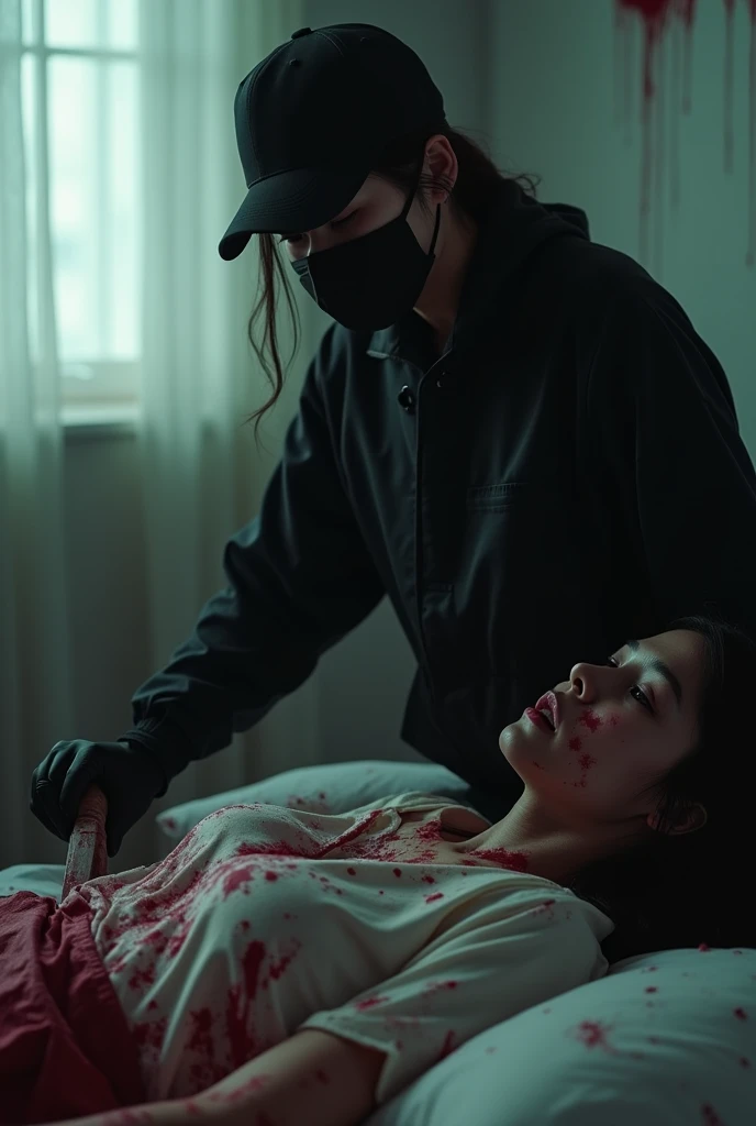 korean girl, (behind ??????, holding knife), black surgical mask, black gloves, room ?????????????, black raincoat, trucker hat, holding knife, black gloves, woman on top, behind ??????, blood splatter, on the bed, looking at viewer, mass murderer, killer, low ponytail, blood splatter, dark atmosphere, cinematic lighting, atmospheric realistic, light from the window, close-up,