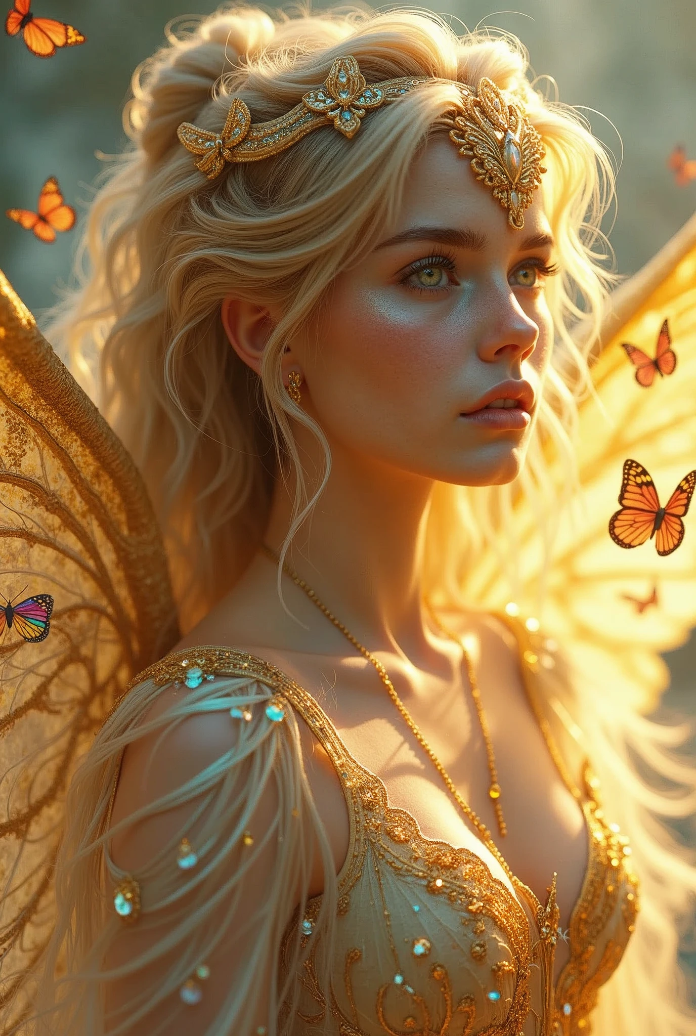 (((masterpiece))), (((best quality))), ((ultra-detailed)),(highly detailed CG illustration), ((an extremely delicate and beautiful)),cinematic light, Create a stunning fantasy artwork that mimics the style of currently trending masters of the genre. The art piece should contain elements of both mythic fantasy and fairytale fantasy with dreamy rainbow accents. ((Utilize the gold as the main color scheme.)) The character in the artwork is a delicate but strong figure with an aura of mystery and magic and (beautiful translucent golden wings). Pay close attention to intricate facial features, such as mesmerizing eyes with vibrant colors and bold shading. The character's clothing should be designed with gossamer feathers, silk, stunning embroidery, and subtle iridescent details. Incorporate (((translucent rainbows))), dreamy colors, dynamic lighting, and detailed background elements to create a sense of awe and immersion. Include colorful flying magical birds and jewel-toned rainbow butterflies radiating a magical aura. Consider the latest trends in fantasy art, such as incorporating unique lighting effects, exploring dynamic and compelling composition techniques, and experimenting with unique color palettes. Take inspiration from the top artists on ArtStation and Midjourney. Camera: Choose an angle that highlights the character's beauty and enhances the magical majesty of the artwork. Lighting: Utilize atmospheric lighting techniques to create depth and mood. Resolution: Aim for a high-resolution artwork to showcase intricate details and clarity. Art Inspirations: Seek inspiration from the trending artists on ArtStation, exploring different styles, genres, and themes.
