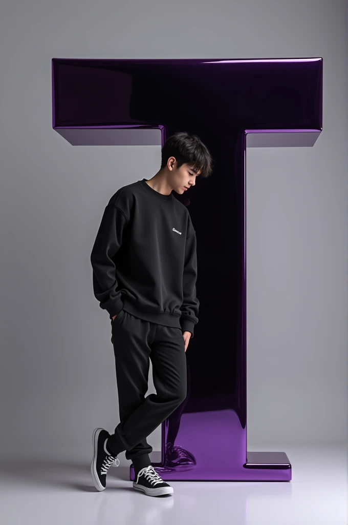 A 18 year old boy with dark hair, dressed in a casual outfit including a black sweatshirt, jogger pants, and sneakers. The person is leaning against a large purple glossy letter 'T', which is Black with white accents. The overall color scheme is minimalistic, focusing on shades of black and grey. The scene has a modern and clean aesthetic, with soft darks and subtle shadows.