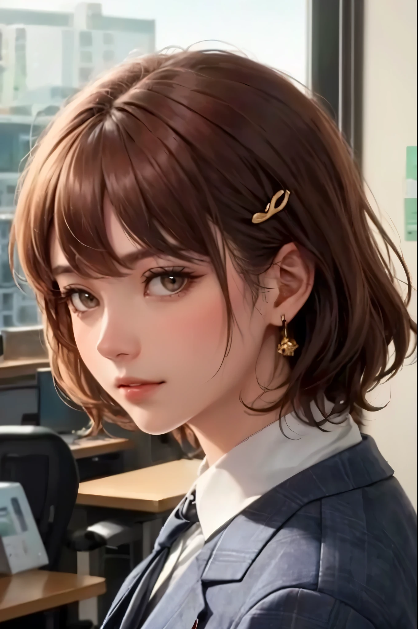 masterpiece, Highest quality, Very detailed, figure, Spectacular lighting, Structure of the film, Isoscale, One person, (alone:1.5), cute, Brown eyes, Black Hair, Swept-apart bangs, Single Side Lock, Red Hair Clip, White collared shirt, Black tie, Black trousers, formal, Captivating Gaze, Seductive pose, indoors, office, door, opening door, View your viewers, show one&#39;s upper body, blush, Captivating smile, Mouth closed,(8k:1.1), (Ahegao:1.5)