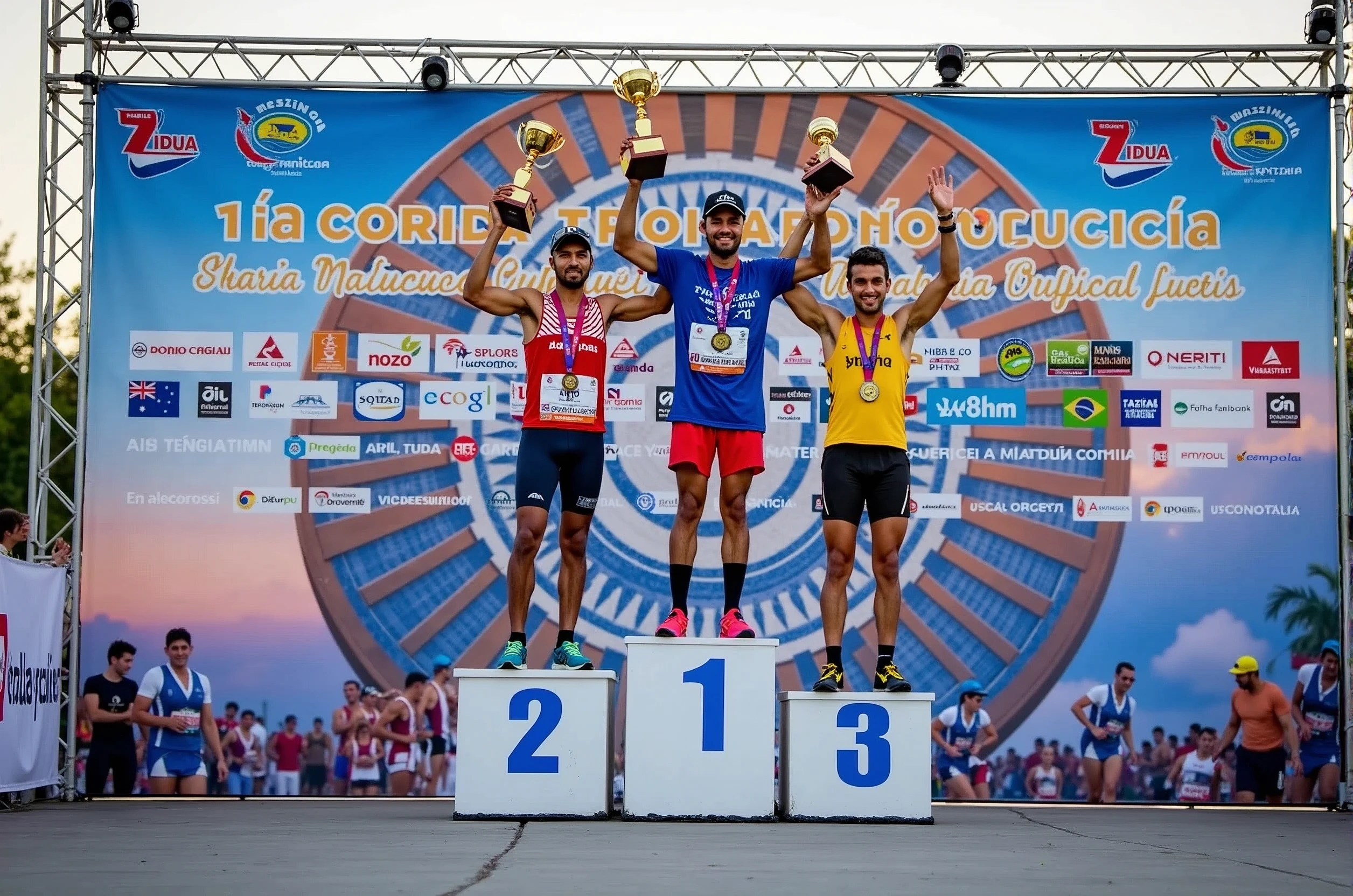 A high-quality photo of three Brazilian athletes standing on a podium during a marathon award ceremony in the daytime. The athletes are wearing colorful athletic gear and medals around their necks, proudly holding trophies above their heads with expressions of joy and accomplishment. The podium is marked with the numbers 1, 2, and 3, indicating their respective positions. The background features a large banner with the text "1ª Corrida Metelurgica" prominently displayed, along with the event’s sponsors. The scene is lively, with spectators and event staff visible, and the overall atmosphere is celebratory and triumphant.