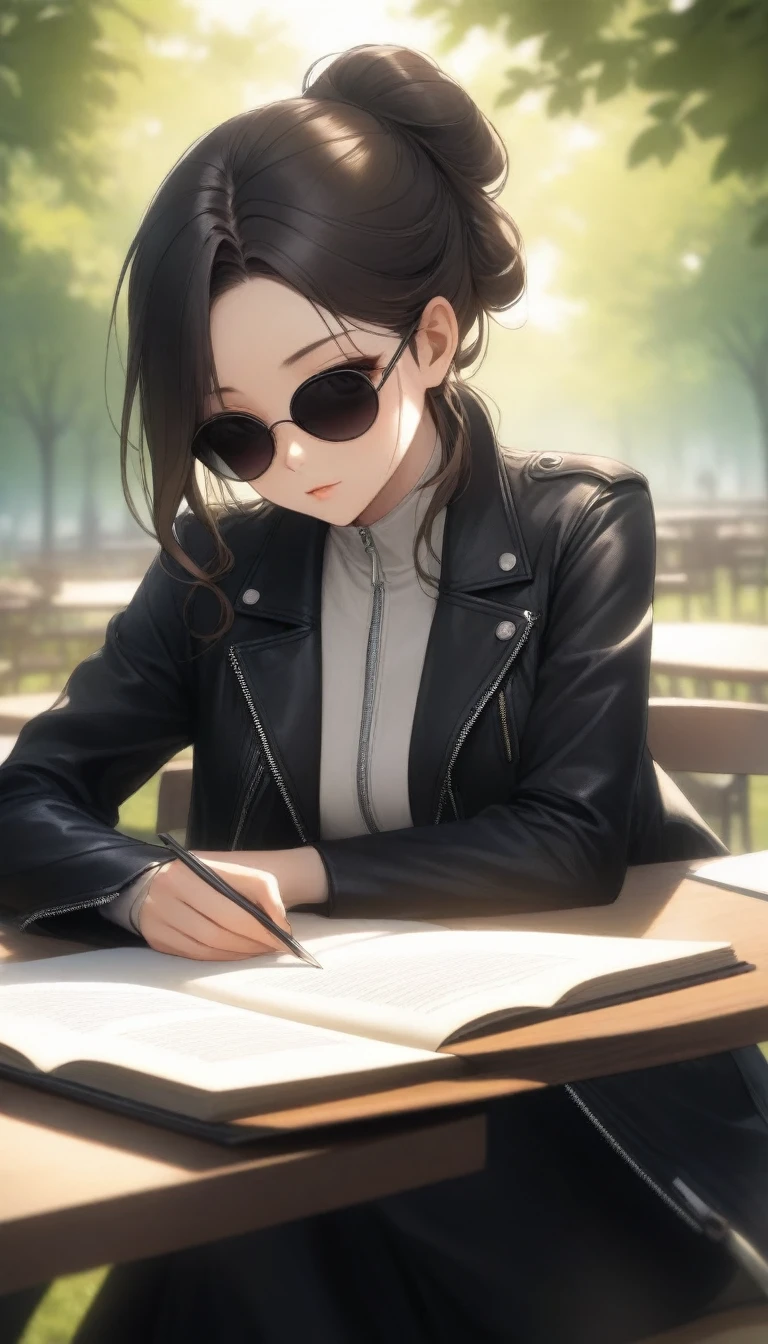 A striking young woman sits at a table in a sunlit park, fully immersed in reading a book. She has long, dark hair elegantly tied up in a bun, with stylish sunglasses perched ((on top her head)). Her hair is accented with a few loose, soft curls that frame her face, adding a delicate touch to her strong features. She wears a sleek black leather jacket with prominent zippers, which complements her modern, edgy style. Her expression is focused at book and serene , with a subtle sense of confidence. Her overall look is both chic and approachable, capturing a blend of sophistication and natural beauty