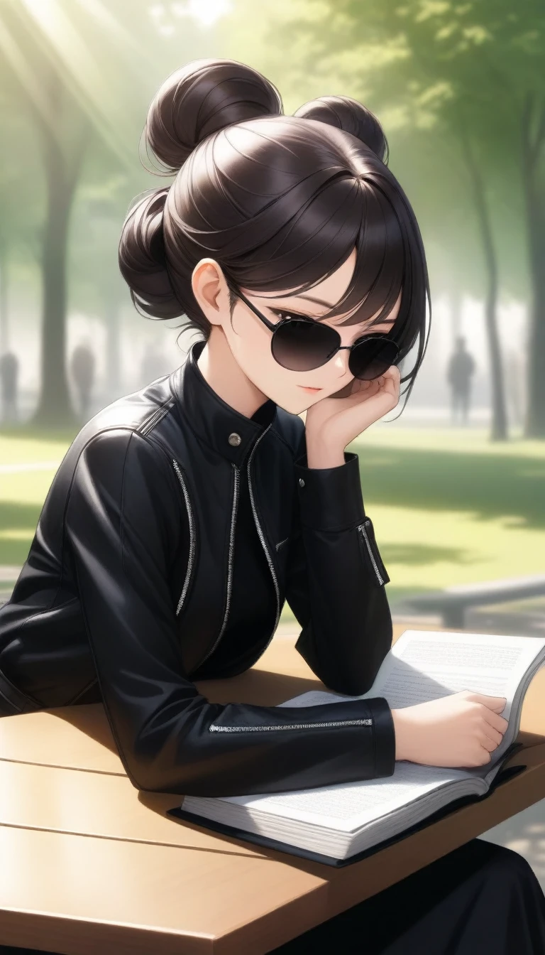A striking young woman sits at a table in a sunlit park, fully immersed in reading a book. She has long, dark hair elegantly tied up in a bun, with stylish sunglasses perched ((on top her head)). Her hair is accented with a few loose, soft curls that frame her face, adding a delicate touch to her strong features. She wears a sleek black leather jacket with prominent zippers, which complements her modern, edgy style. Her expression is focused at book and serene , with a subtle sense of confidence. Her overall look is both chic and approachable, capturing a blend of sophistication and natural beauty