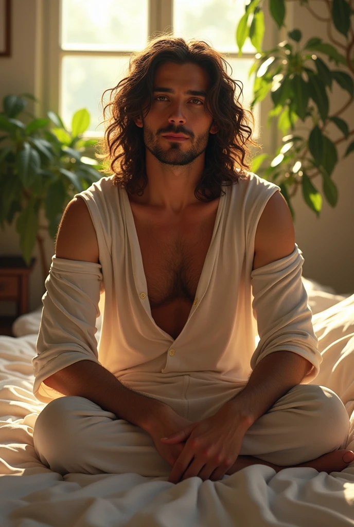 (photorealism:1.2), beautiful man, sitting on bed, wearing loose off-shoulder top, pajama pants, long curly hair, indoors, soft lighting, plants in background, window with sunlight, cozy room, relaxed pose, realistic, intricate details, warm colors, by Greg Rutkowski, by Alphonse Mucha