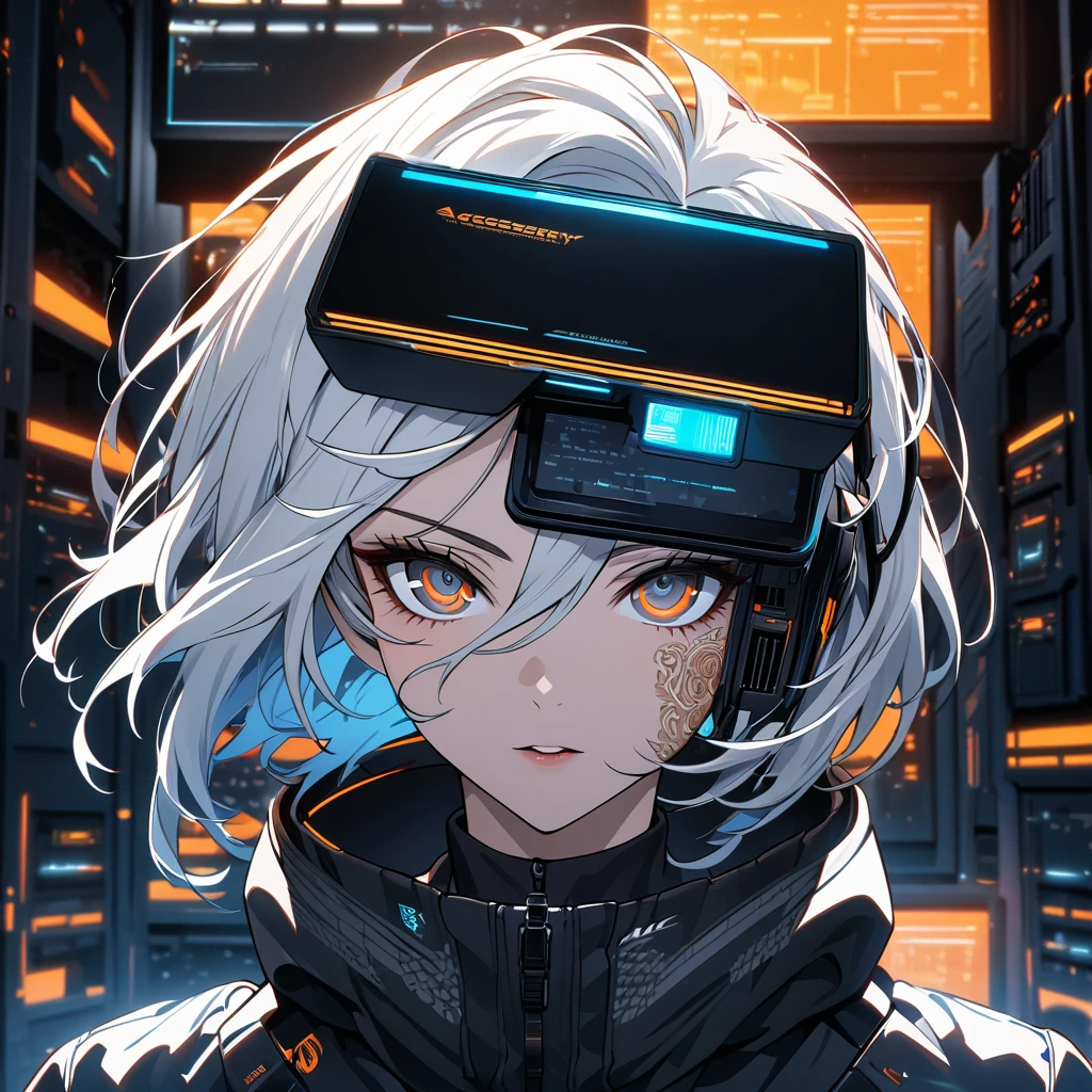 (absurdres, highres, ultra detailed), 1man, mature female, aged up, short hair, white hair, black eyes, bangs, long sleeves, finely detailed eyes and detailed face, extremely detailed CG unity 8k wallpaper, intricate details, portrait, looking at viewer, solo, (full body:0.6), detailed background, detailed face, (matrix theme:1.1) evil high-tech futuristic hacker,  advanced technology, hoodie, techwear, wearable device, keycard, cables, head-up display, blue (holographic display:1.05), access granted,   cybersecurity, server room in background, orange lights,  dark sinister atmosphere, , portrait, wind swirling