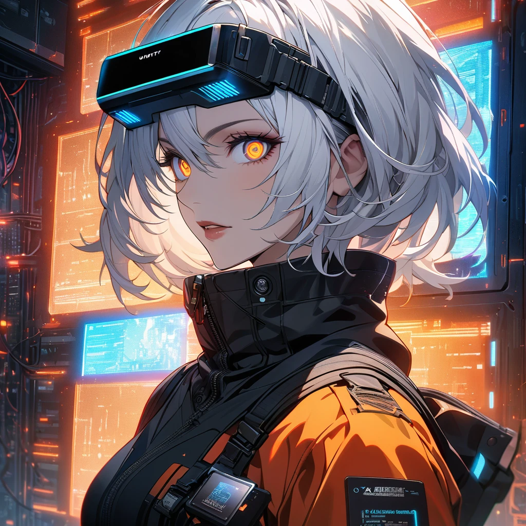 (absurdres, highres, ultra detailed), 1man, mature female, aged up, short hair, white hair, black eyes, bangs, long sleeves, finely detailed eyes and detailed face, extremely detailed CG unity 8k wallpaper, intricate details, portrait, looking at viewer, solo, (full body:0.6), detailed background, detailed face, (matrix theme:1.1) evil high-tech futuristic hacker, advanced technology, hoodie, techwear, wearable device, keycard, cables, head-up display, blue (holographic display:1.05), access granted, cybersecurity, server room in background, orange lights, dark sinister atmosphere, , portrait, wind swirling