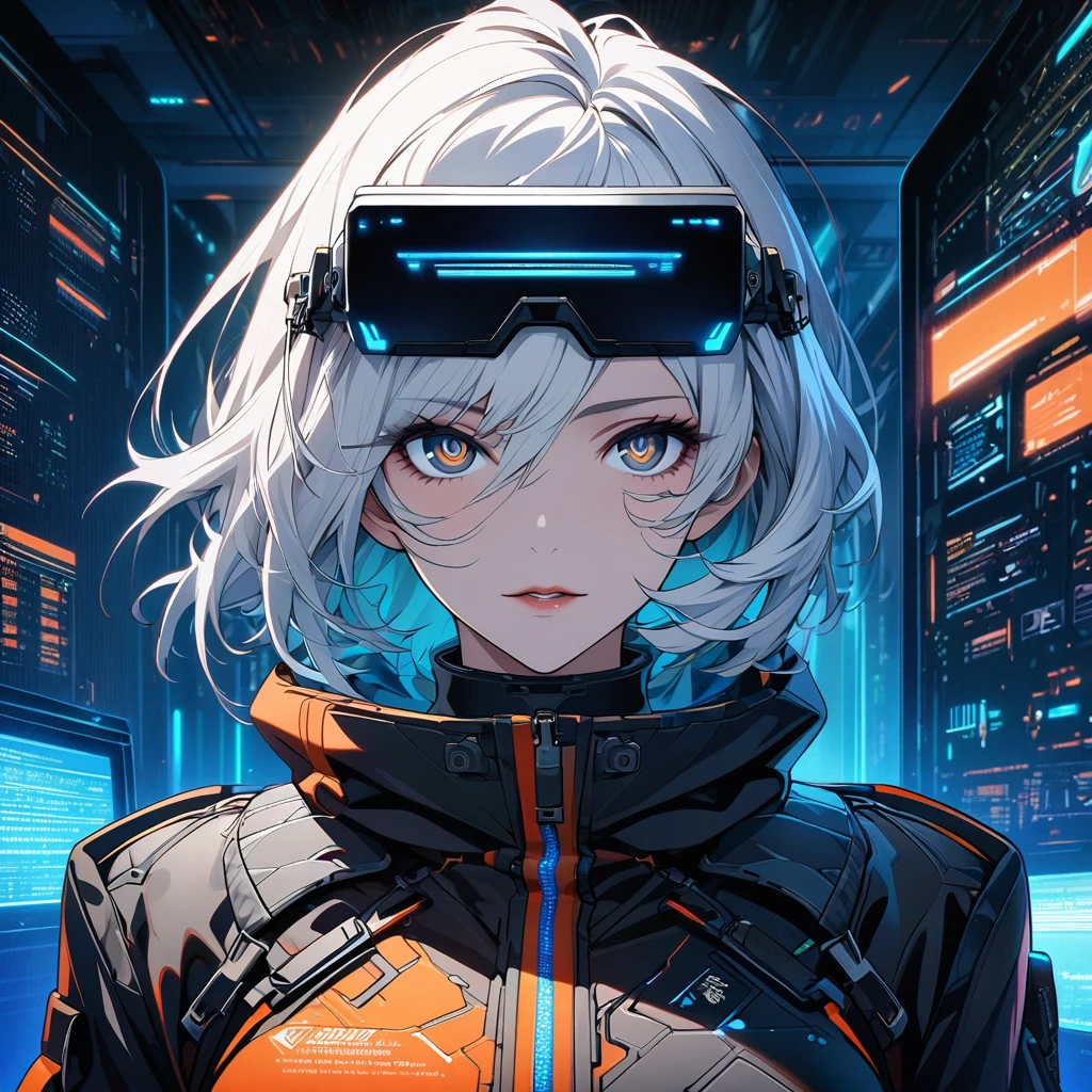(absurdres, highres, ultra detailed), 1man, mature female, aged up, short hair, white hair, black eyes, bangs, long sleeves, finely detailed eyes and detailed face, extremely detailed CG unity 8k wallpaper, intricate details, portrait, looking at viewer, solo, (full body:0.6), detailed background, detailed face, (matrix theme:1.1) evil high-tech futuristic hacker,  advanced technology, hoodie, techwear, wearable device, keycard, cables, head-up display, blue (holographic display:1.05), access granted,   cybersecurity, server room in background, orange lights,  dark sinister atmosphere, , portrait, wind swirling