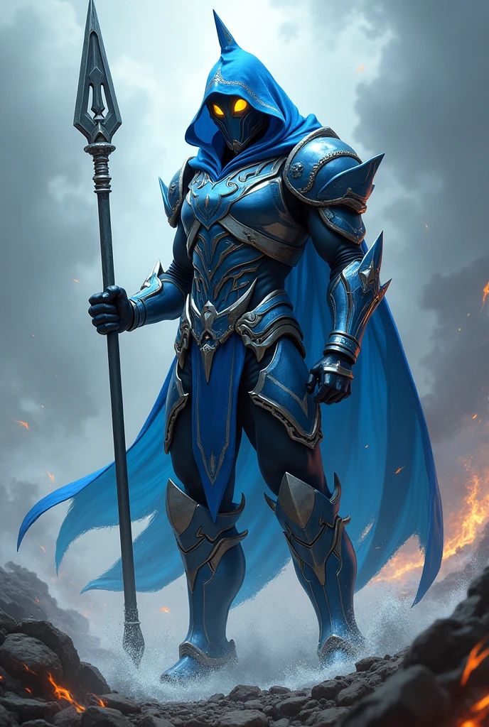 Masked Rider ,theme Shark, blue and white collor, weapon is a spear, yellow eyes
