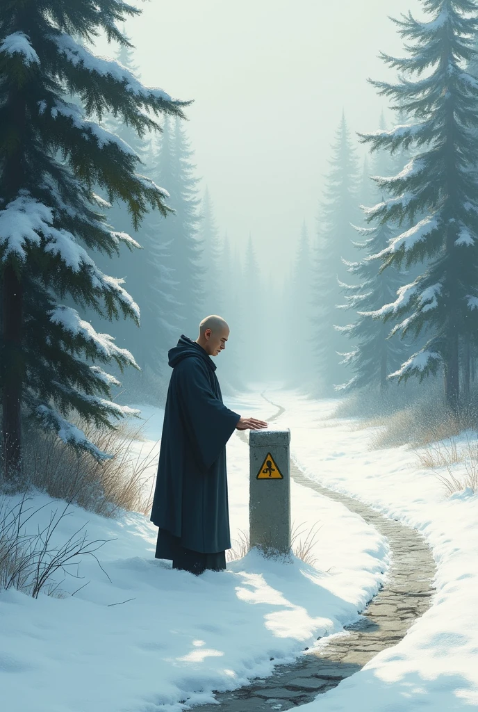 On a snow-covered forest road, a monk touches a stone pole on the side of the road.