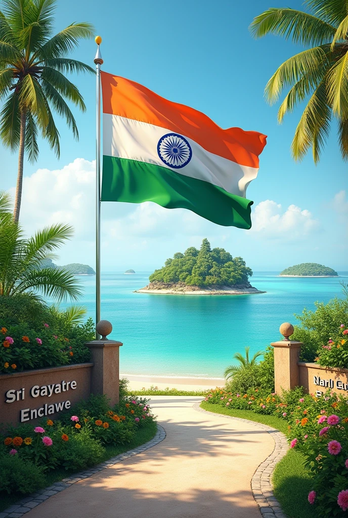 Beautiful Indian flag colours with Ashok chakra in island with name Sri Gayatri Enclave text on wall