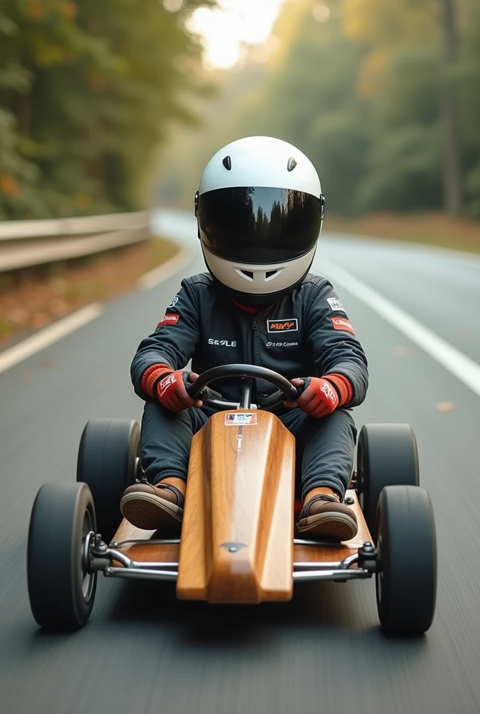 
a person wearing a racing suit, helmet and gloves, sitting in a homemade wooden go-kart with tiny wheels that speeds down a road. The kart appears to be made from a skateboard, and the person holds onto the handlebars to balance. The person appears to be enjoying the ride and is probably participating in a go-karting event or practicing their driving skills.