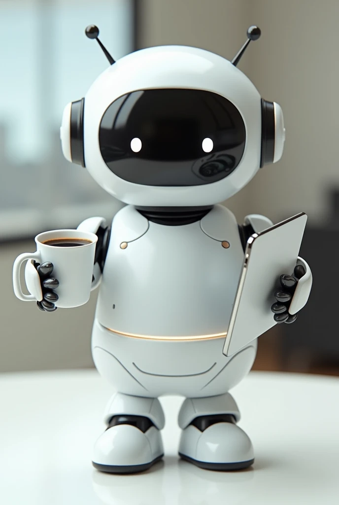 mascot in the form of a cute white
work. he looks a lot like Eve from the Wally cartoon. He has no legs, a face with a screen, small antenna ears and small handles. He holds a coffee in one hand and a tablet in the other