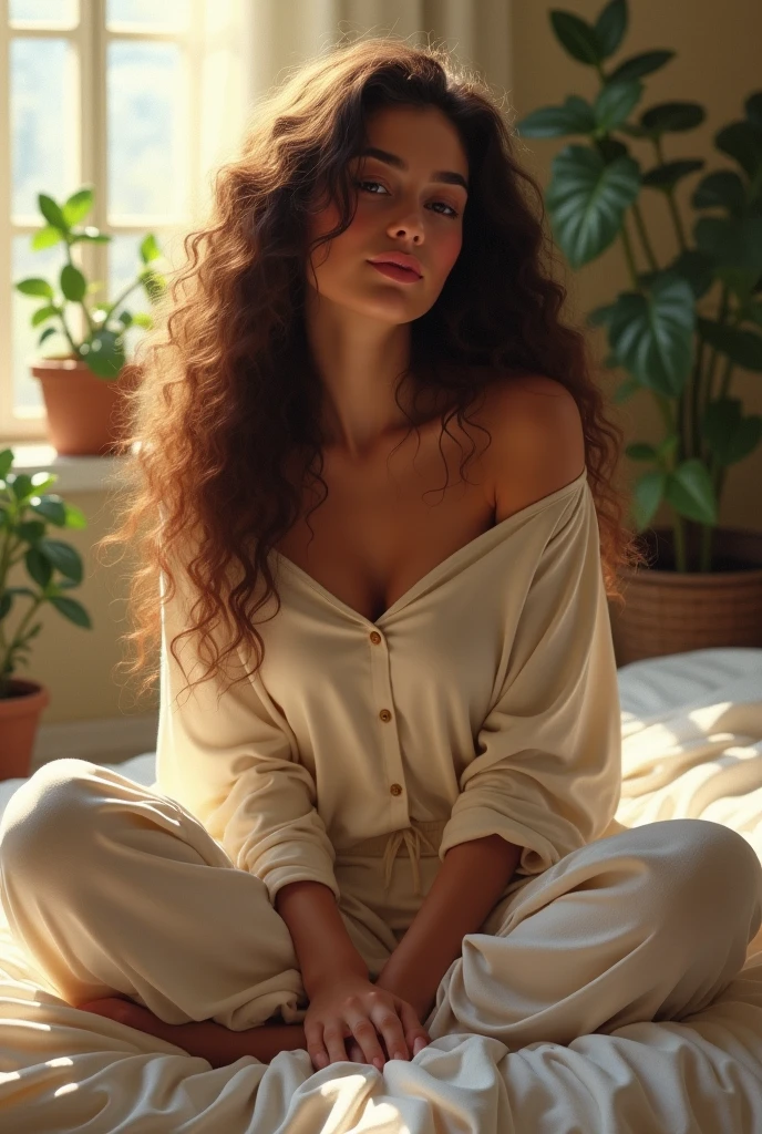 (photorealism:1.2), beautiful woman, sitting on bed, wearing loose off-shoulder top, pajama pants, long curly hair, indoors, soft lighting, plants in background, window with sunlight, cozy room, relaxed pose, realistic, intricate details, warm colors, by Greg Rutkowski, by Alphonse Mucha