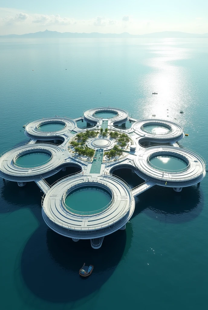 city formed by six outer circles (islands) that connect by bridges to a central plaza with interior canals