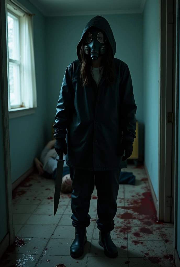 korean girl, (behind corpse, gas mask), holding knife, stabbing, black gloves, room full of blood, black raincoat, plump girl, hood up, holding knife, black gloves, behind corpse, blood splatter, 20 years old, bed room, black wet suit, night, mass murderer, killer, robbery, dark atmosphere, cinematic lighting, atmospheric realistic, light from the window close-up,
