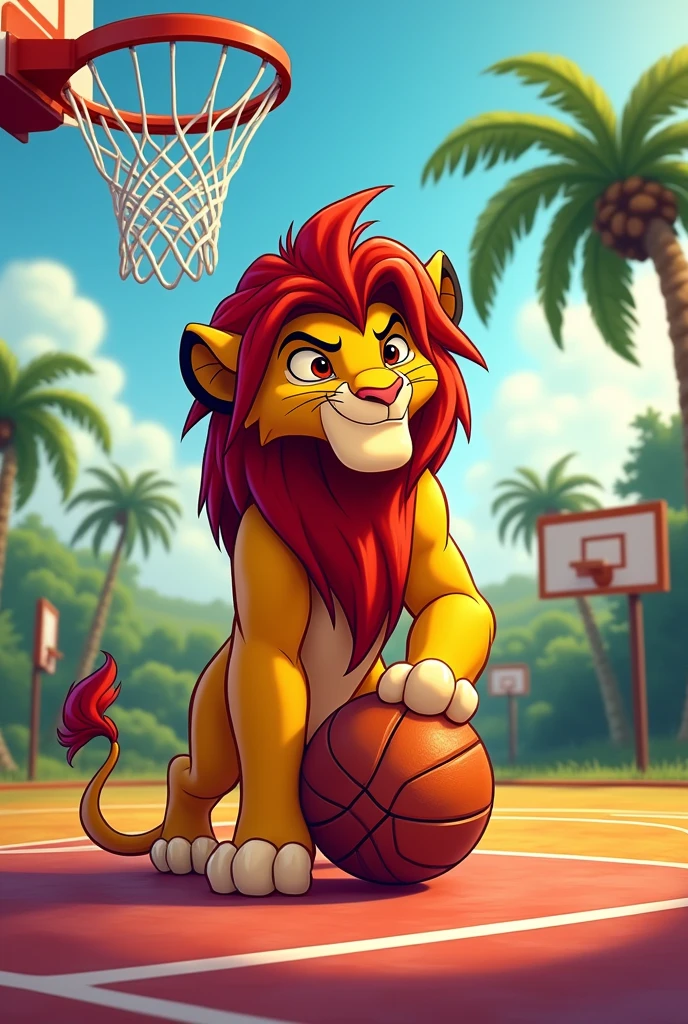 The Lion King Simba, cartoon style, fierce and domineering, faithful to the original story, playing basketball