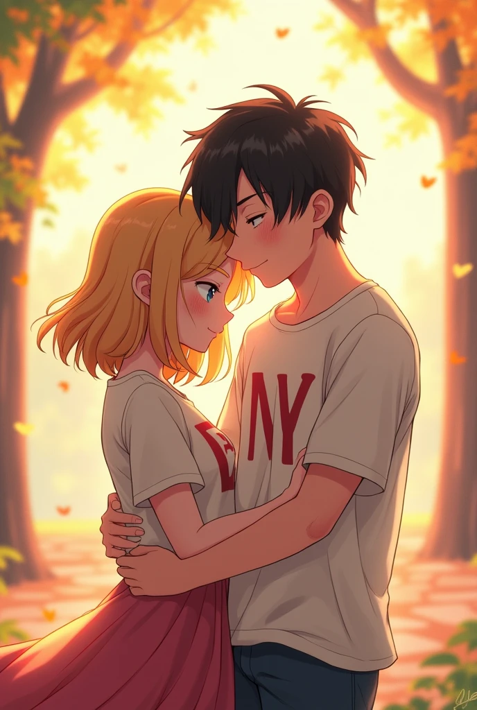 Anime-style image of a couple hugging, blonde woman, Medium hair, pretty with letter Y on her shirt,black hair man, fat guy, thick build ,the man with letter N on his shirt.