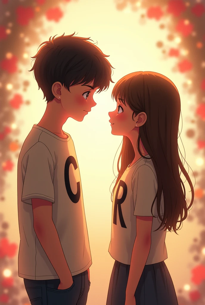 Image of a boy looking at a girl with love. The boy is wearing a shirt with the initial C and the girl the initial R horizontally.