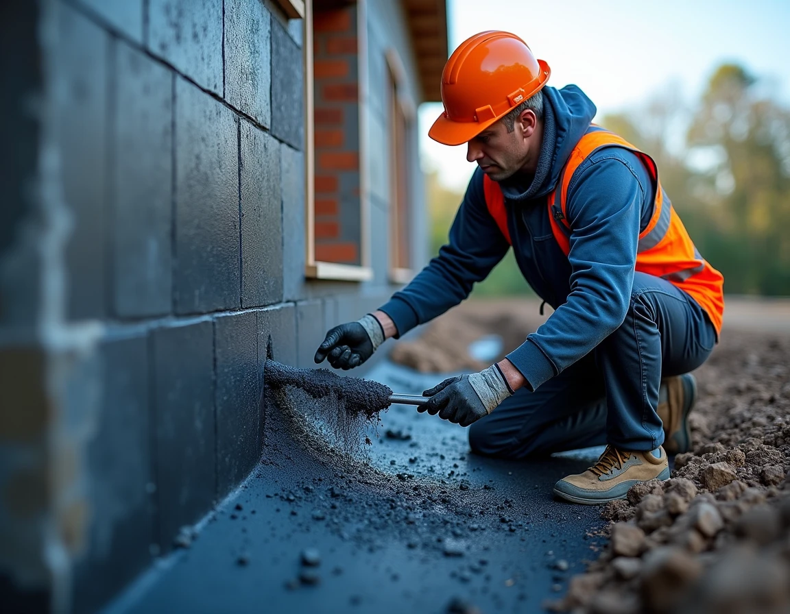 Bricklayer applying a coat of black waterproofing to a foundation beam located above ground, in a house building, using necessary EPIs. The image should contain the main colors in blue