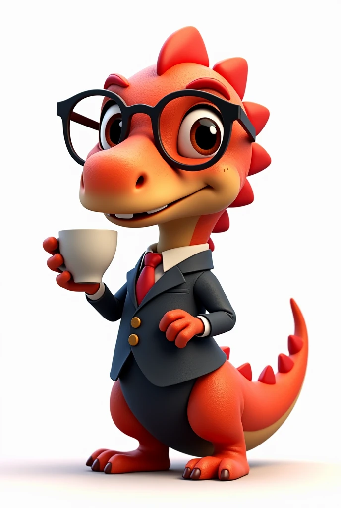 Red animated baby dinosaur, happy with formal clothes, With glasses, drinking coffee, on a white background