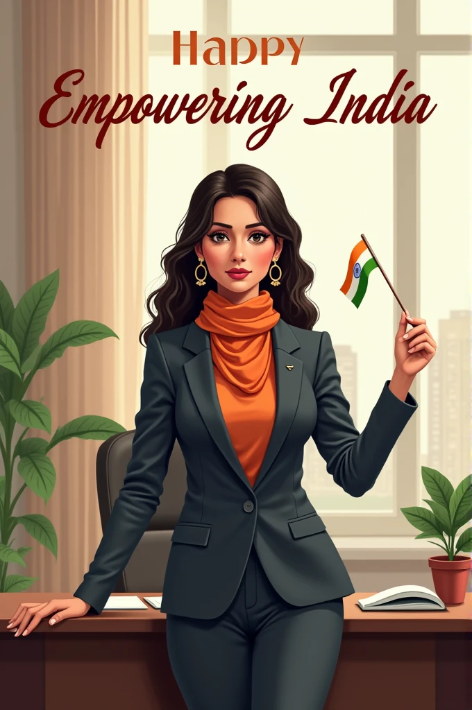 “Illustration of a professional Indian woman in an office setting, wearing a smart suit with a touch of the Indian flag colors in her accessories. She’s holding a small Indian flag and standing in front of a desk with a festive Independence Day decoration. The text ‘Empowering India’ is displayed in elegant script at the top.”
