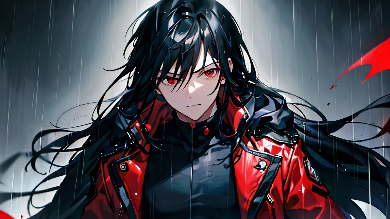 Black Hair、Red jacket、Black Shirt、Upper Body、male、One man、（Red Eye）、Long Hair、Heavy rain、Black background with a haze、Front view、Cold look、Handsome