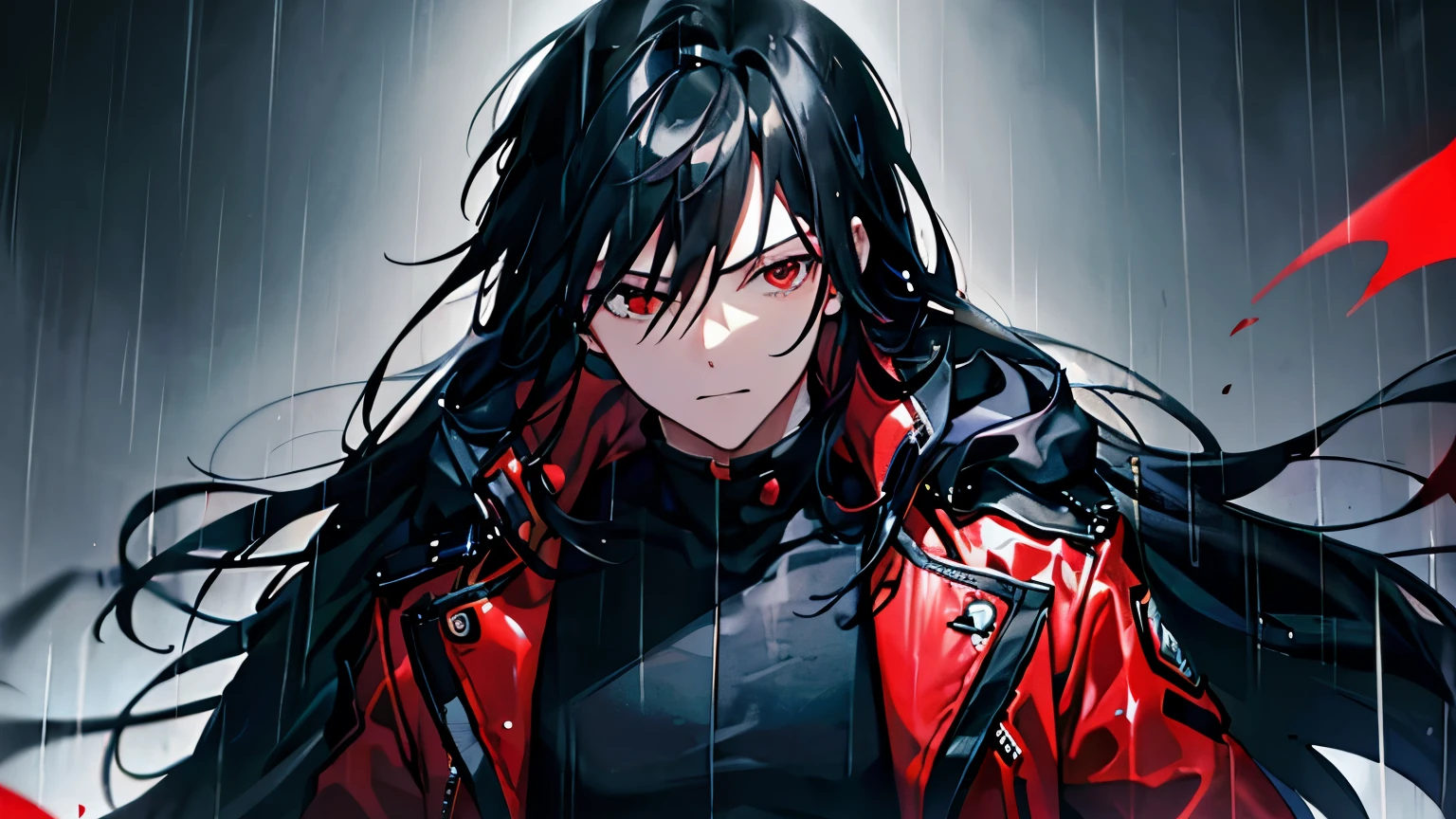 Black Hair、Red jacket、Black Shirt、Upper Body、male、One man、（Red Eye）、Long Hair、Heavy rain、Black background with a haze、Front view、Cold look、Handsome