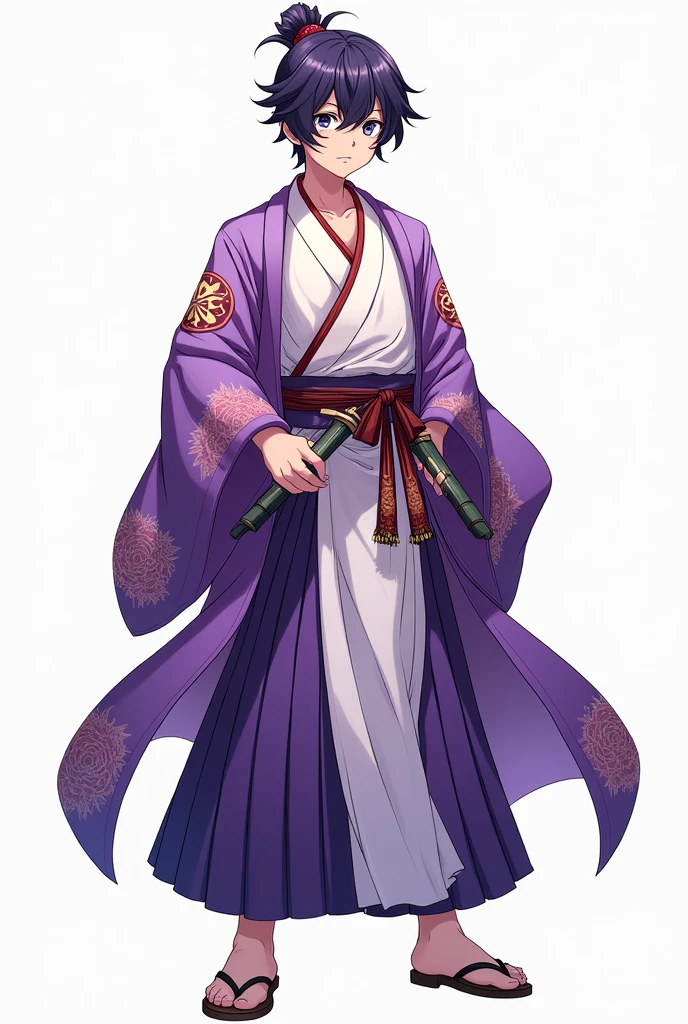 (illustrator) sketsa anime, samurai, kimono, blurple + white, front position, full body, boy, age 18