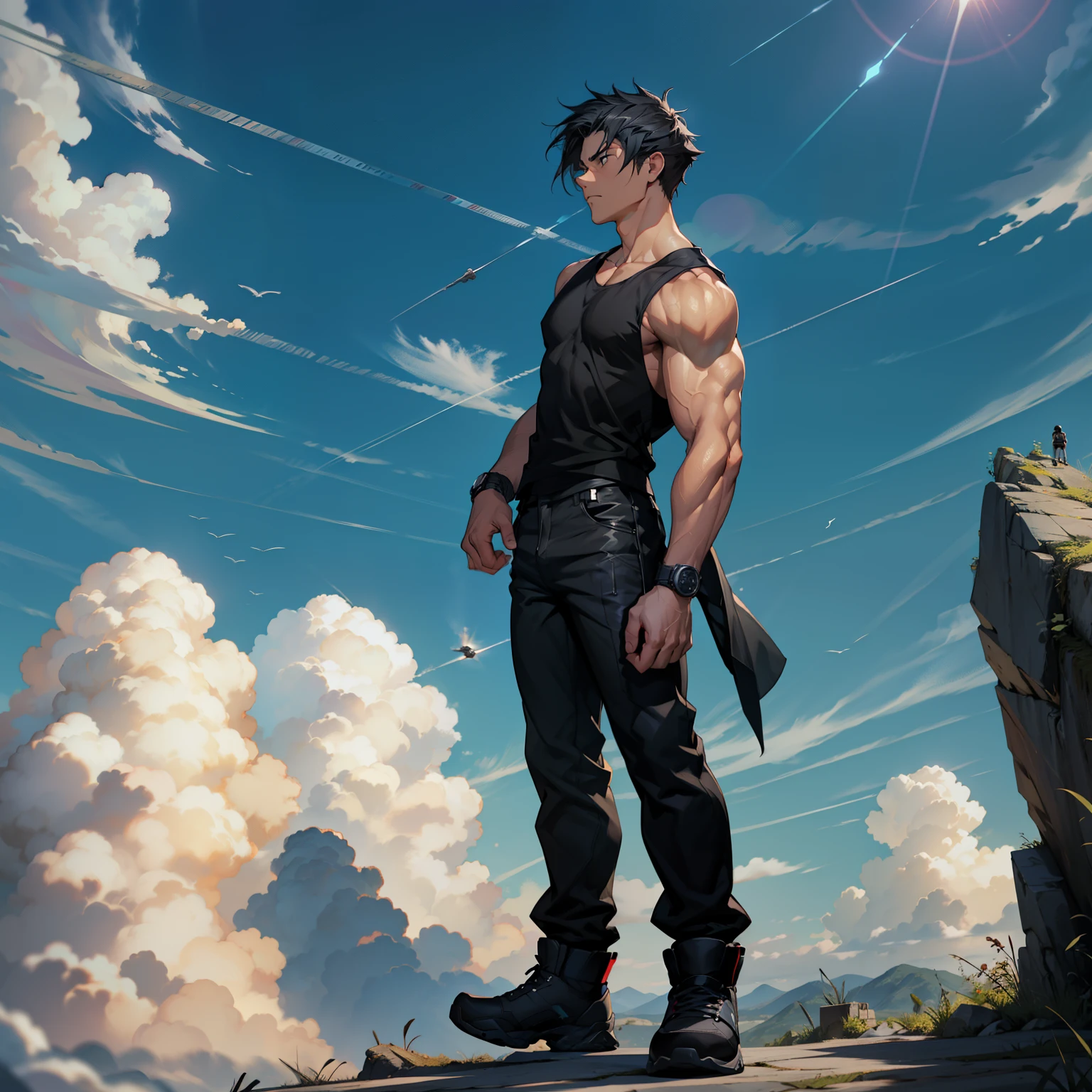 1boy, 26 Years old, Serious face, muscular, wearing black sleeveless t-shirt, black pants, black hair, levitate on sky, blue sky, cloud