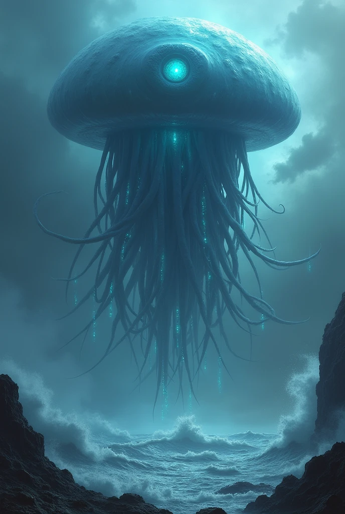 An image of horror, open sea, tempest, big waves, a giant jellyfish flying in the sky among the clouds, she has a single huge eye in the middle, It has thousands and thousands of tentacles that glow slightly blue, they are huge and go from your head to the sea