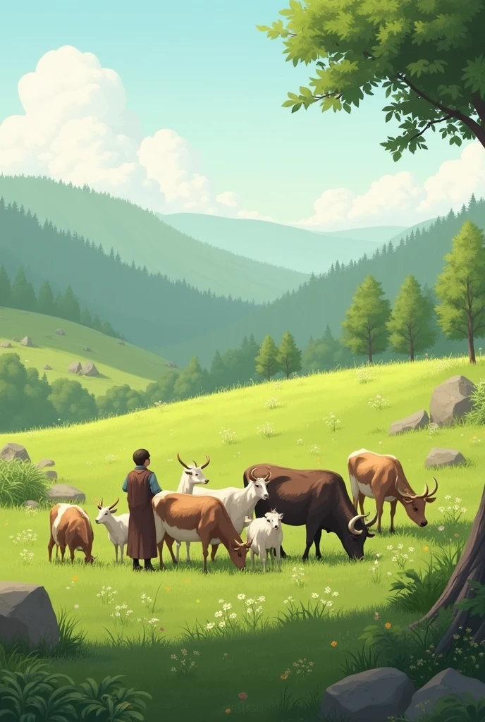 A beautiful cow goat buffalo and all animals grazing on beautiful grasslands neutral forest
With the shepherd
