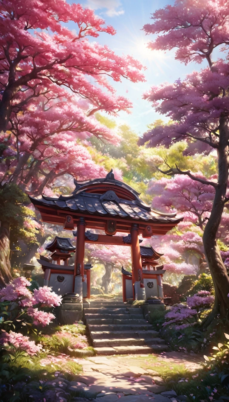 detailed jinja shrine, cheery blossom forest, white tone lighting, no character, high quality, 8k, realistic, detailed landscape, natural scenery, serene atmosphere, beautiful sakura trees, tranquil forest, sunlight filtering through leaves, detailed foliage, photorealistic render, studio lighting, vibrant colors, lush sakura, peaceful ambience, cinematic composition