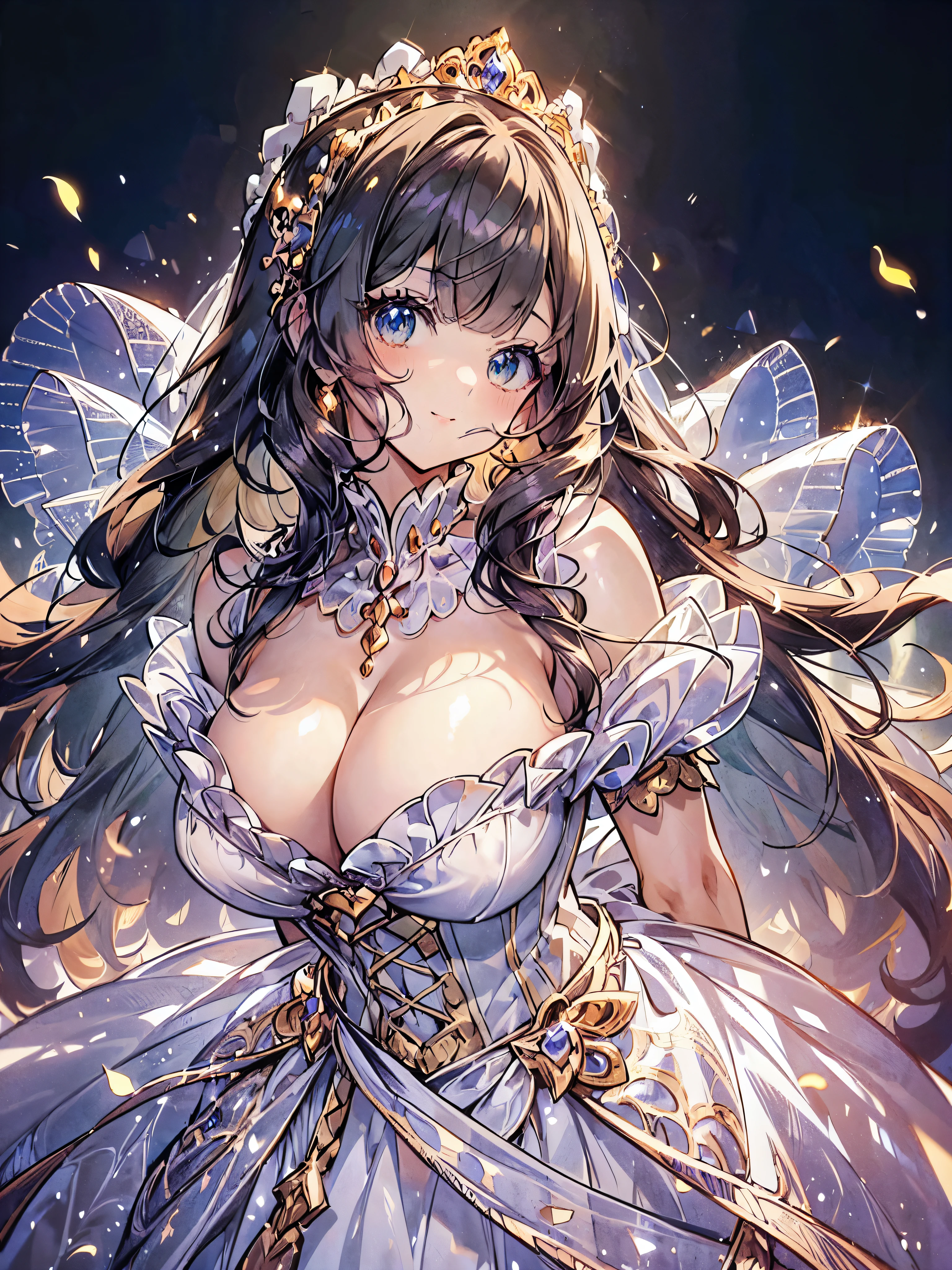((superbly detailed drawing, ultra detailed, exquisite quality, ultra high resolution)), ((gown transparency gown)), ((rococo victorian gown with voluminous huge hoopskirt and long hems, princess style skirt))), (gown brilliant reflection prism transparency gown), ((gown with multilayer ruffle)), (((solo young princess))), super delicate face, very kawaii face, (((kawaii smile))), (fluffy, smooth curly hair:1.2), (Expressive hair:1.3), (super voluminous long hair:1.2), (blunt bangs, hime_cut :1.5), full body, huge breasts, breasts cleavage, breasts focus, (looking viewer, from above, leaning forward, from front, arms behind back:1.5), (((perfect hands))), (cowboy shot), (super detailed skin, perfect anatomy:1.5), (blurry background:1.5), ((looking viewer:1.3)), (depth of field:1.5), particle effect, caustics, (anime moe art style:1.5), (soft edge:1.5),