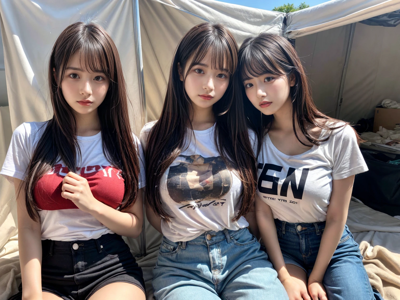 (Details High quality, realistic depiction of eyes:1.3), (2 girls), Tattered clothes, (The collapsed room), (Inside the barrack tent), (wearing a tattered and dirty t-shirt.:1.1), Wearing baggy pants, dirty body, (Messy long hair), black hair color, Big Natural Color Lip, crying a little、Harajuku style、20 year old girl、cute type、lolita, Gravure Idol, full body photo、focus on crotch, huge breasts