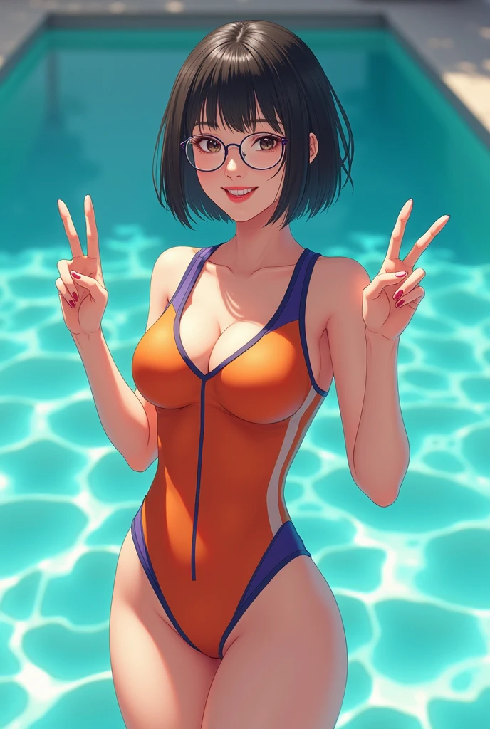 4K large breasts Japanese pool glasses facing forward full body standing beaming smile school swimsuit peace sticking out tongue