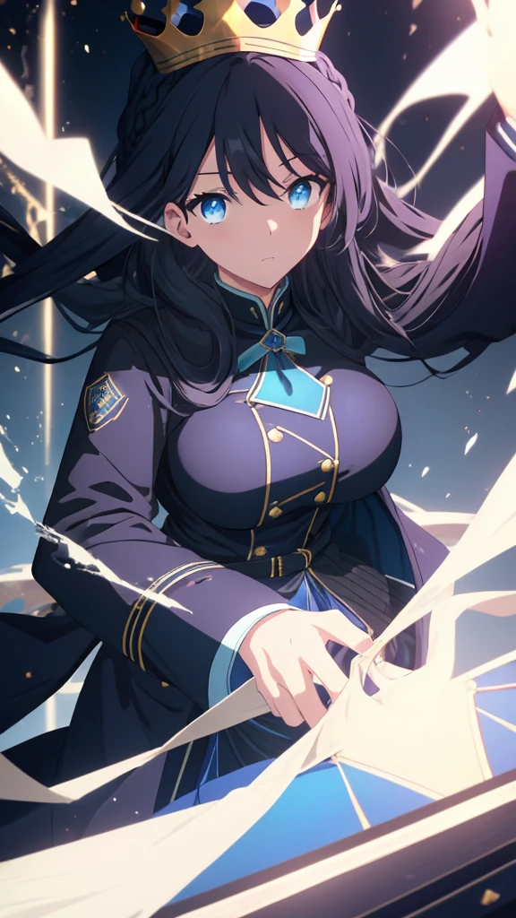 best quality, extremely detailed,anime style 1girl,long hair down to the waist, straight hair, ((((dark black hair with bluish)))),((crown braid)),beautiful detailed eyes, pinched eyes, (dark blue eyes),((huge breasts)),curvy,((((blue magical uniform)))),flare skirt,((((black coat)))),Fine decoration,clothing with complex patterns,((((magical school)))),((Detailed background)),((Comfortable posture)),((((pov))))