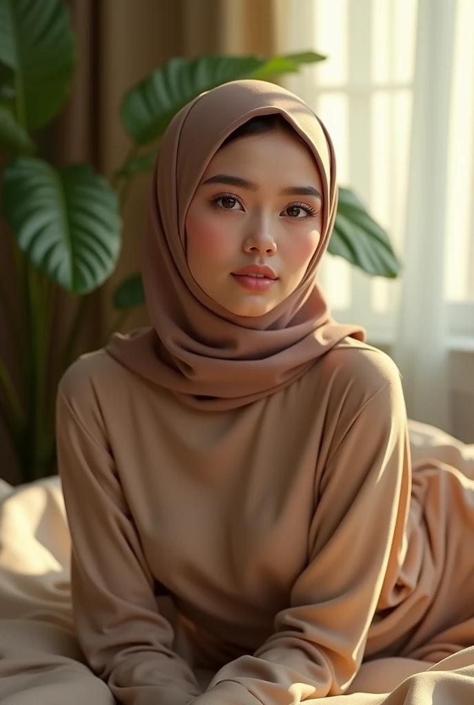 (photorealism:1.2), beautiful woman with hijab , sitting on bed,no bra big boob indoors, soft lighting, plants in background, window with sunlight, cozy room, relaxed pose, realistic, intricate details, warm colors,malay 