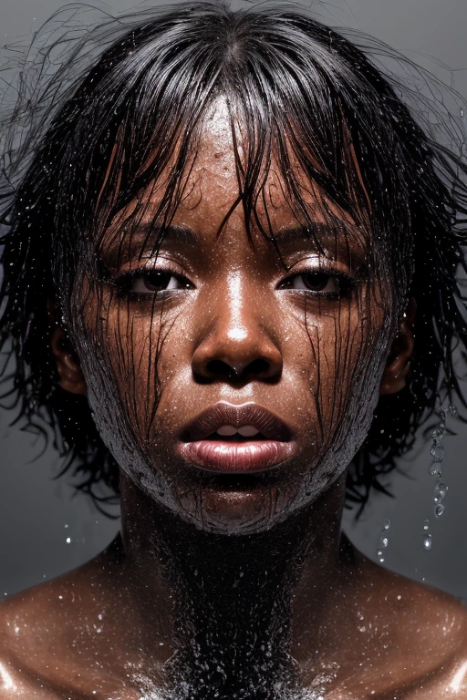 (CR-T0riBlack-Block454:0.9), (face close up:1.3) Portrait of a woman, sinking in the water, grey background, (wet, shiny skin:1.0), (slick hair:1.0), (Oblique shot:1.0), (tilted head position:1.0),