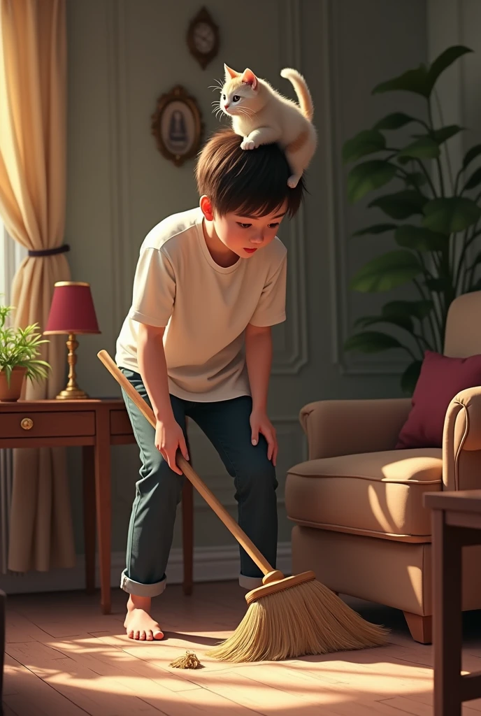 One ,Realist, above,living room,Wearing a white short-sleeved shirt ,sweeper,Cat,Super detailed, Advanced Details