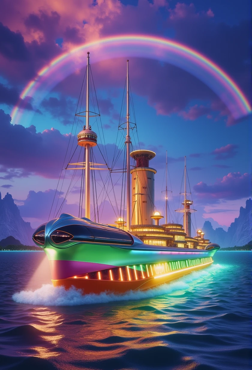 Rainbow colored linear motor car、Linear motor car running on rainbow-colored tracks,colorful,Beautiful views,wonderful景色,Utopia,An atmosphere full of dreams and hope,masterpiece. 16K, Ultra-high resolution, Ultra-high resolution, to be born,wonderful ,future、Iridescent、The world 30 years from now。