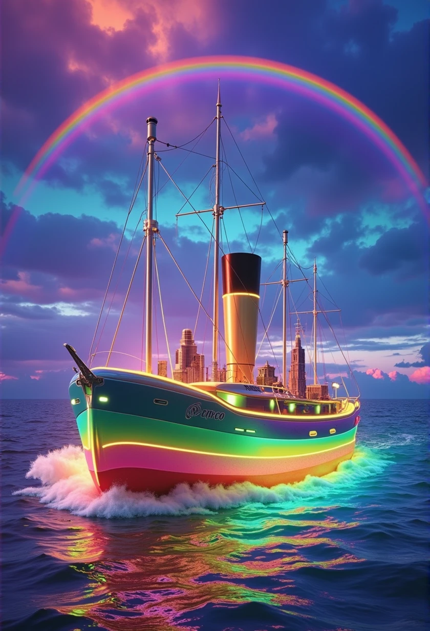 Rainbow colored linear motor car、Linear motor car running on rainbow-colored tracks，colorful，Beautiful views，wonderful景色，Utopia，An atmosphere full of dreams and hope，masterpiece． 16K, Ultra-high resolution, Ultra-high resolution, to be born,wonderful ,future、Iridescent、The world 30 years from now。
