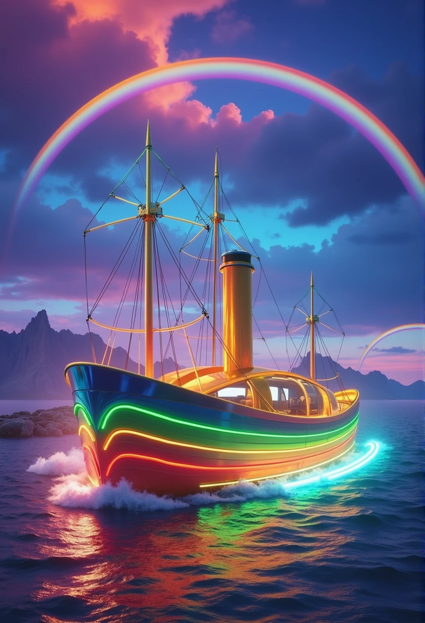 Rainbow colored linear motor car、Linear motor car running on rainbow-colored tracks,colorful,Beautiful views,wonderful景色,Utopia,An atmosphere full of dreams and hope,masterpiece. 16K, Ultra-high resolution, Ultra-high resolution, to be born,wonderful ,future、Iridescent、The world 30 years from now。